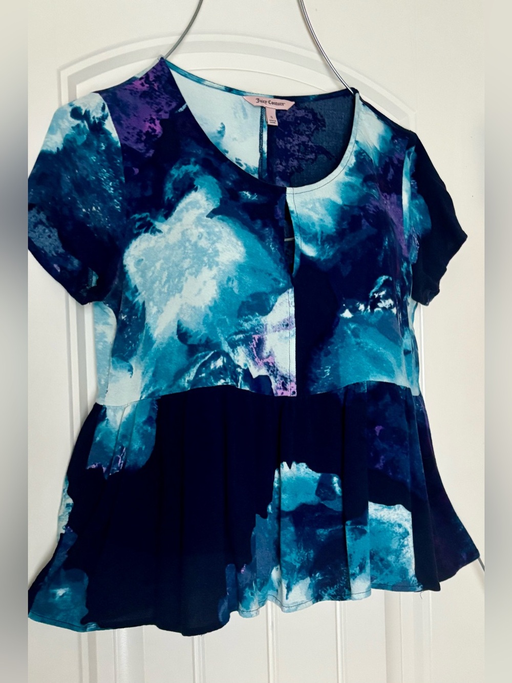 Juicy Couture Blue Eater Color Tie Peplum Ruffle Tired Hem Size Small